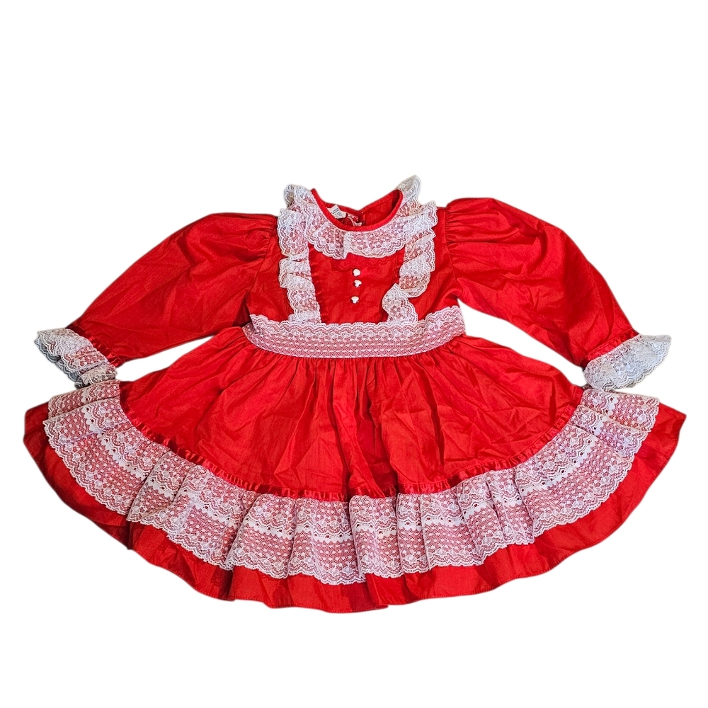 Vintage Mini World 3T Red Long Sleeved Dress With White Lace